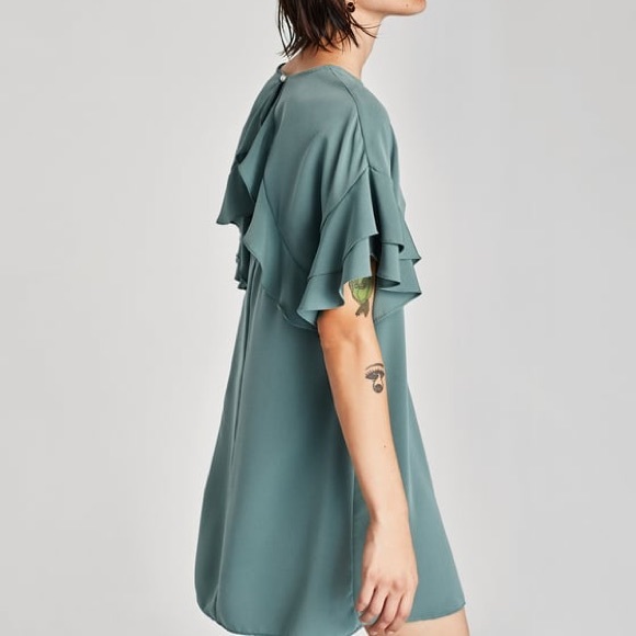 NWOT Zara Teal Crepe Frilled Sleeve Mini Dress - Picture 5 of 8
